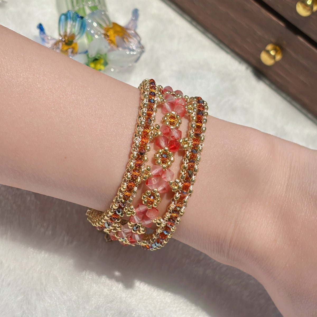 Peach Blossom Window Grille Bracelet | 4-Hour Handwoven TOHO Bead Jewelry