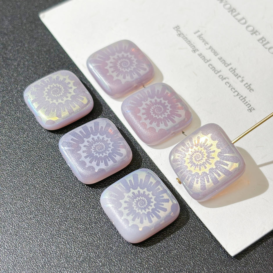 Laser Etched Czech Glass Square Beads - Shell, Sea Urchin & Checkerboard Pattern Loose Cube Beads