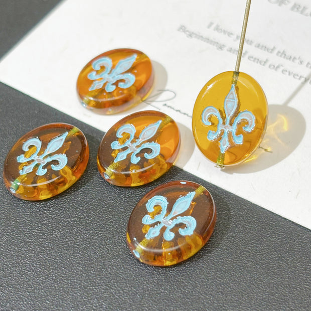 17x13mm Vintage Czech Glass Iris Flower Oval Coin Beads - Loose Focal Beads for DIY Jewelry