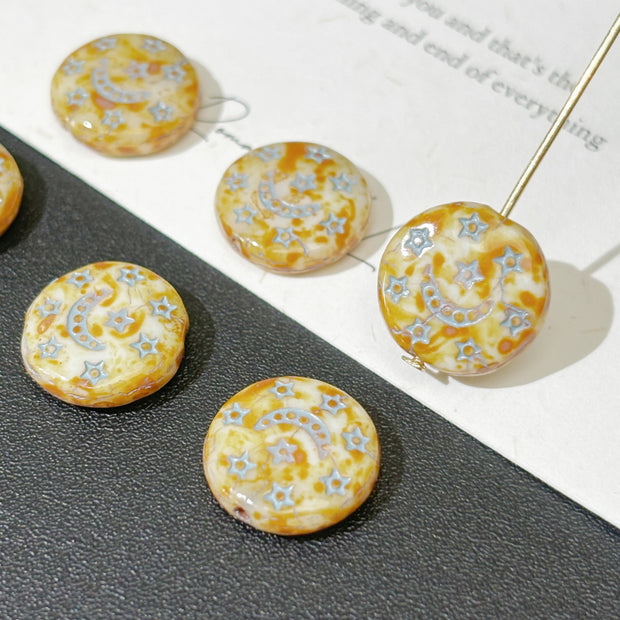 13mm Czech Glass Celestial Star & Moon Coin Beads - Flat Round Loose Beads for DIY Jewelry