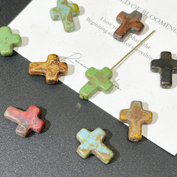 18x14mm Vintage Gothic Cross Czech Glass Beads - Assorted Color Spiritual Loose Beads for DIY Necklaces & Bracelets