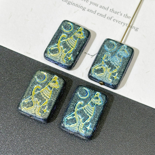 14x20mm Egyptian Cat Goddess Czech Glass Beads - Vintage Rectangle Bastet Loose Beads for DIY Bracelets & Jewelry
