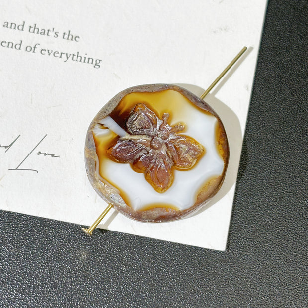 25mm Czech Glass Butterfly Engraved Coin Beads - Vintage Brown ShinyCenter & White