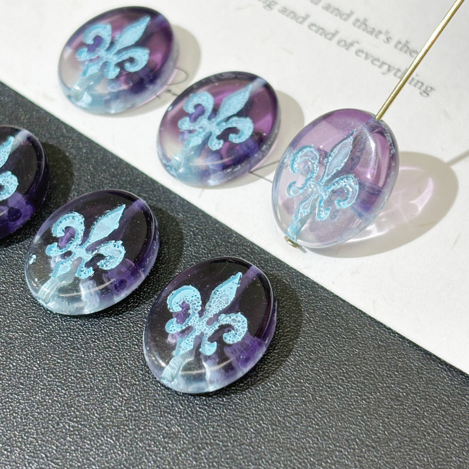 17x13mm Vintage Czech Glass Iris Flower Oval Coin Beads - Loose Focal Beads for DIY Jewelry