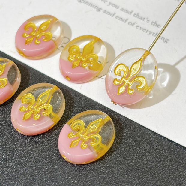 17x13mm Vintage Czech Glass Iris Flower Oval Coin Beads - Loose Focal Beads for DIY Jewelry