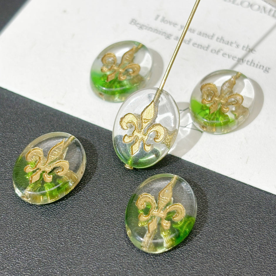 17x13mm Vintage Czech Glass Iris Flower Oval Coin Beads - Loose Focal Beads for DIY Jewelry