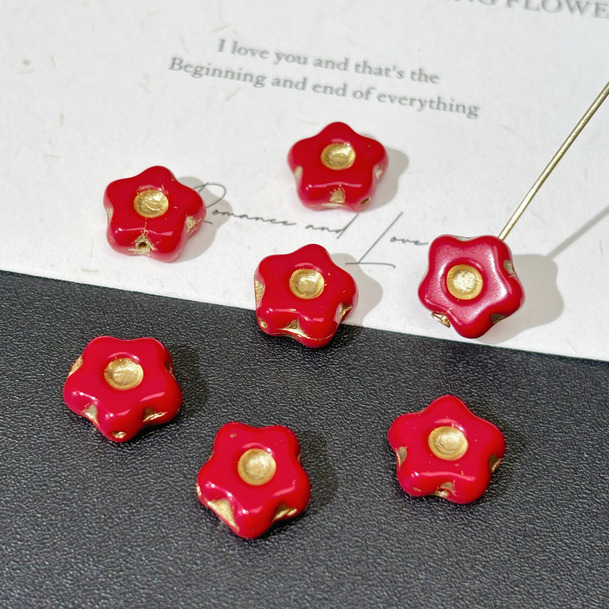 11mm Red Czech Glass Flower Beads with Gold Center 2pc- Pressed Floral Loose Beads for DIY Jewelry