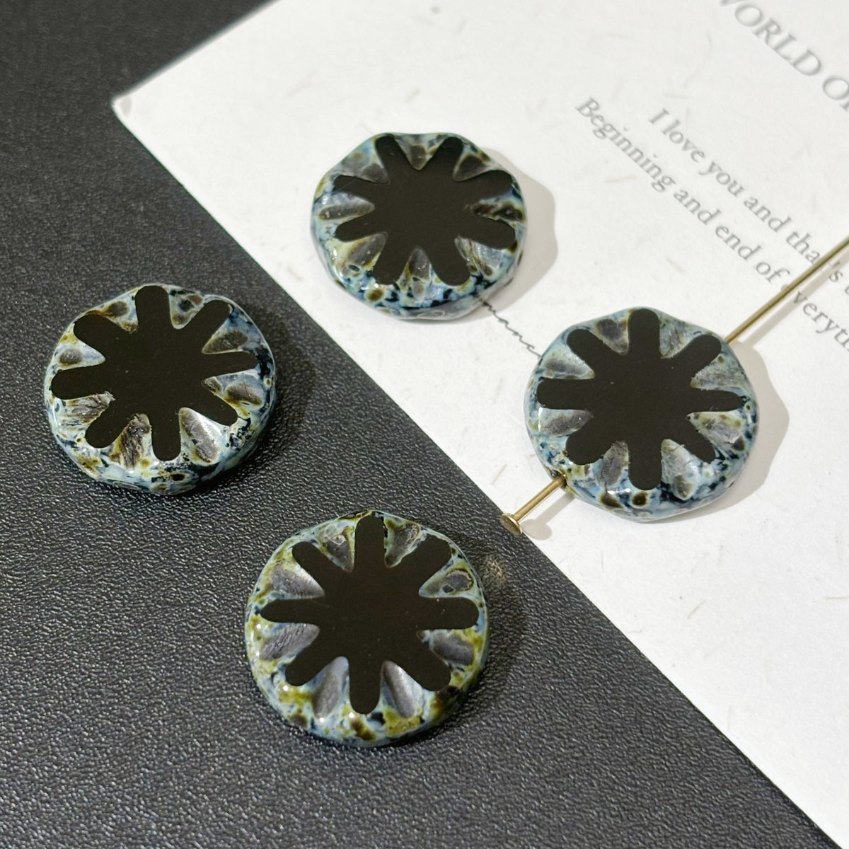 18mm Faceted Black Picasso Sunflower Czech Glass Beads 1pc