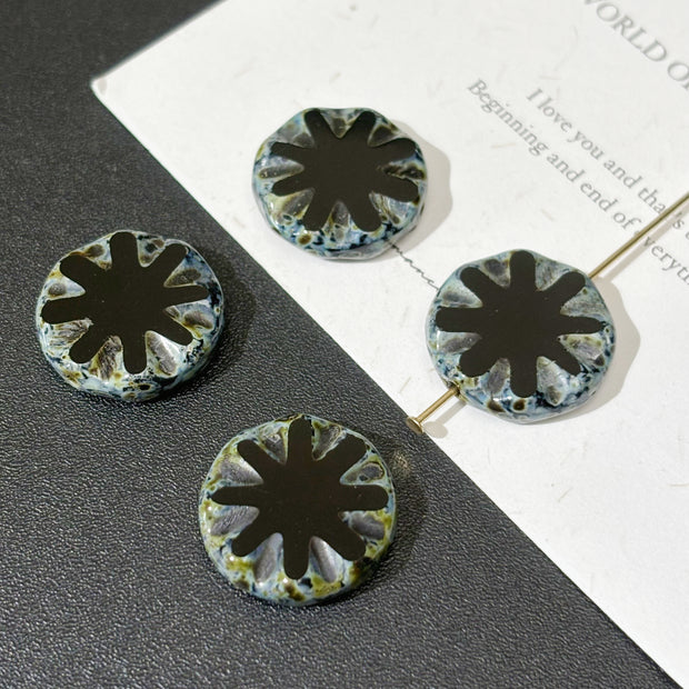 18mm Faceted Black Picasso Sunflower Czech Glass Beads 1pc