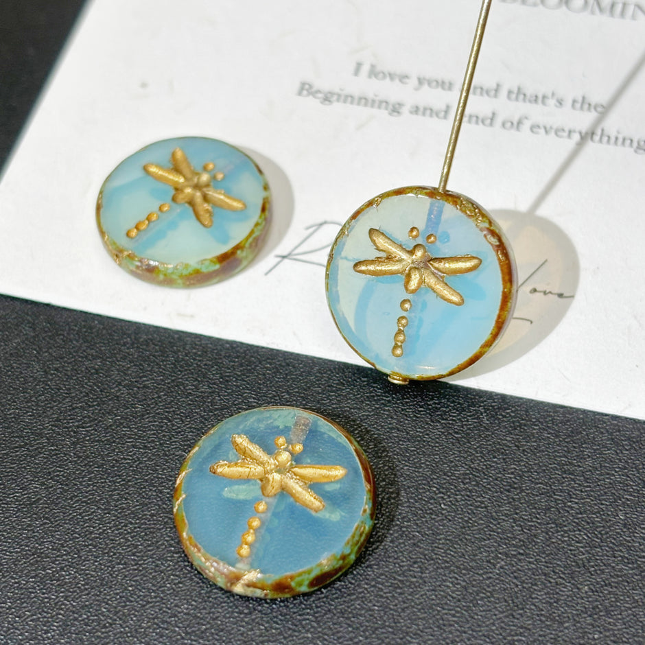 18mm Czech Glass Dragonfly Coin Beads - Vintage Round Loose Beads for DIY Bracelet & Jewelry