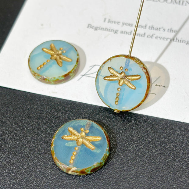 18mm Czech Glass Dragonfly Coin Beads - Vintage Round Loose Beads for DIY Bracelet & Jewelry