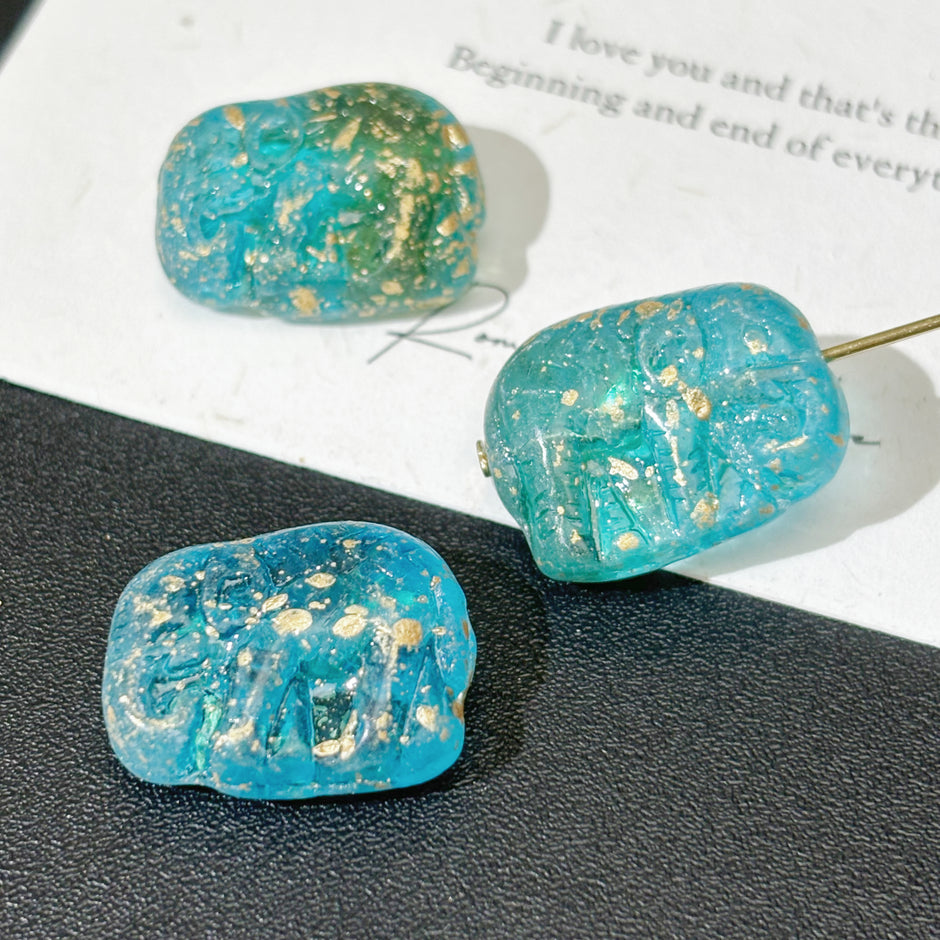 Czech Glass Blue Flecks Beads - Speckled Blue Loose Beads with Metallic Flecks for DIY Jewelry