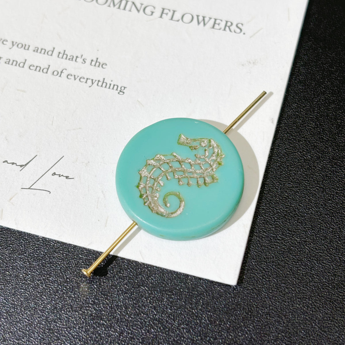 22mm Czech Glass Seahorse Engraved Coin Beads - Turquoise