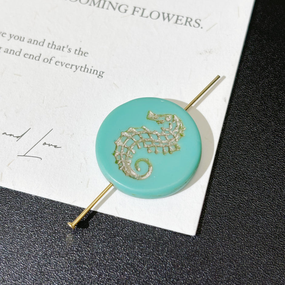 22mm Czech Glass Seahorse Engraved Coin Beads - Turquoise