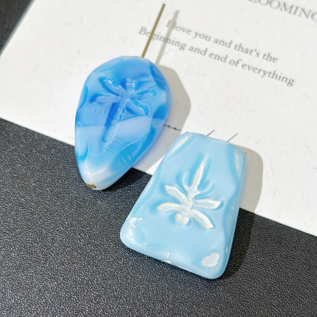 Czech Glass Carved Dragonfly Focal Beads - Trapezoid & Teardrop