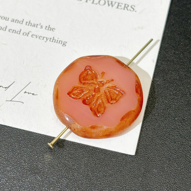 25mm Czech Glass Butterfly Engraved Coin Beads - Coral Pink & Vintage Brown