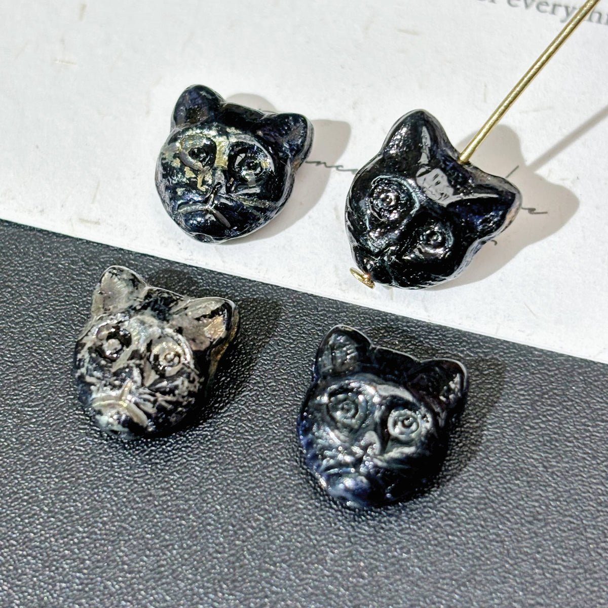 12mm Czech Glass Black Cat Head Beads 1PC - Transparent Jet Black with Gold Wash Loose Beads for DIY Jewelry
