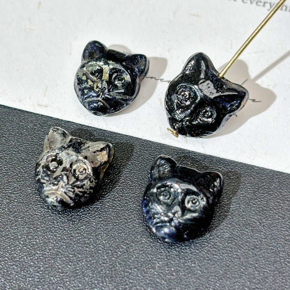12mm Czech Glass Black Cat Head Beads 1PC - Transparent Jet Black with Gold Wash Loose Beads for DIY Jewelry
