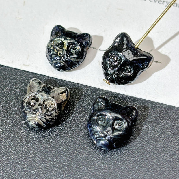 12mm Czech Glass Black Cat Head Beads 1PC - Transparent Jet Black with Gold Wash Loose Beads for DIY Jewelry