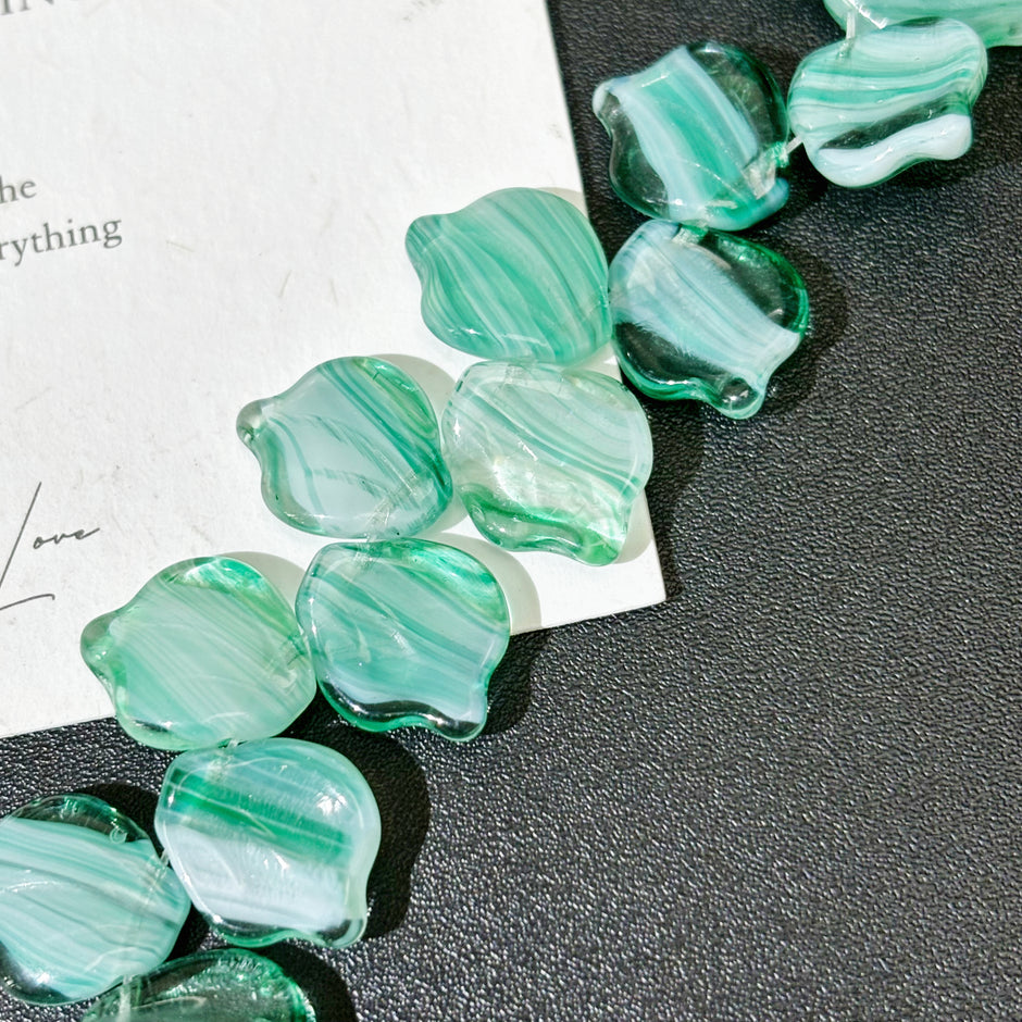 12x15mm Czech Glass Peony Leaf Petal Beads - Striped Translucent Tiffany Blue