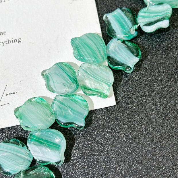12x15mm Czech Glass Peony Leaf Petal Beads - Striped Translucent Tiffany Blue