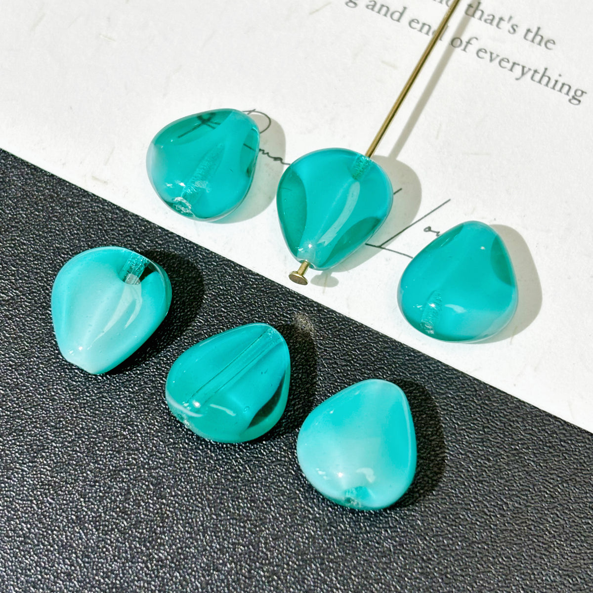 12mm Tiffany Blue Czech Glass Flat Teardrop Beads - Straight-Drilled Layered Puffed Drop Loose Beads for DIY Jewelry