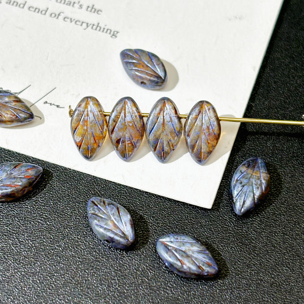 7*11mm Czech Glass Vintage Blue Amber Cherry Leaf Beads