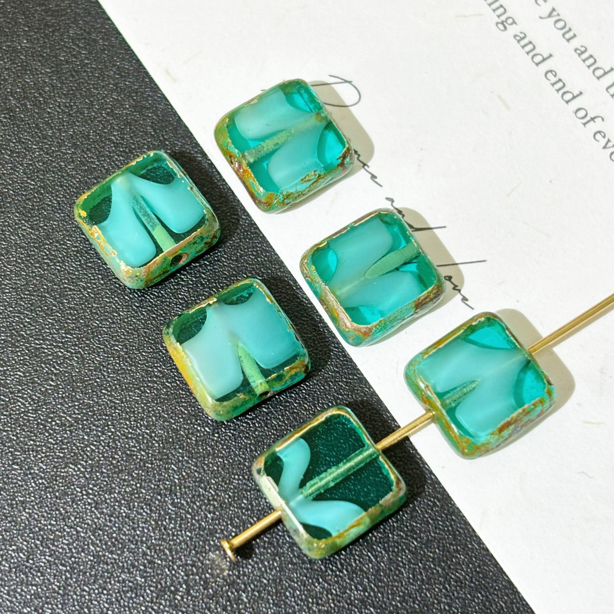 9mm Vintage Tiffany Blue Layered Czech Glass Cube Beads 1pc- Square Loose Beads