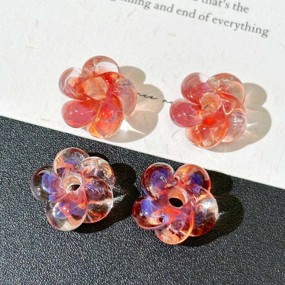 14mm Lampwork Glass Flower Beads - Coral Red Clear