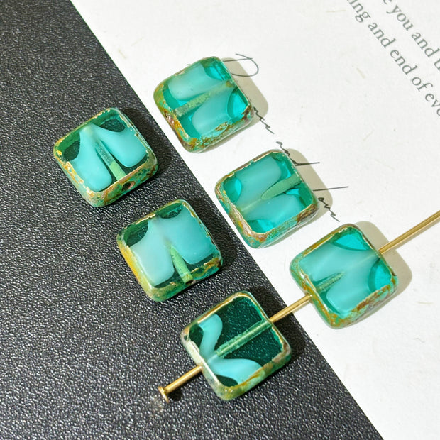 9mm Vintage Tiffany Blue Layered Czech Glass Cube Beads 1pc- Square Loose Beads