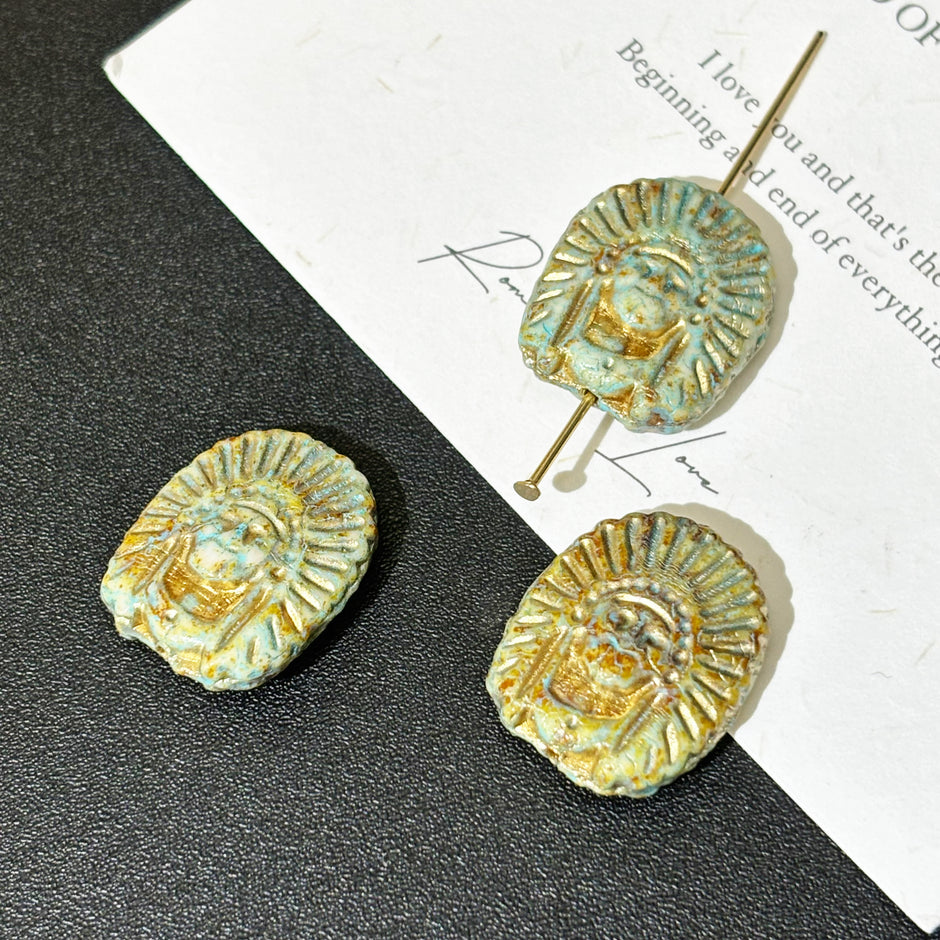 16x19mm Tribal Sunface Czech Glass Focal Beads - Antique Gold Oval Loose Beads for DIY Jewelry
