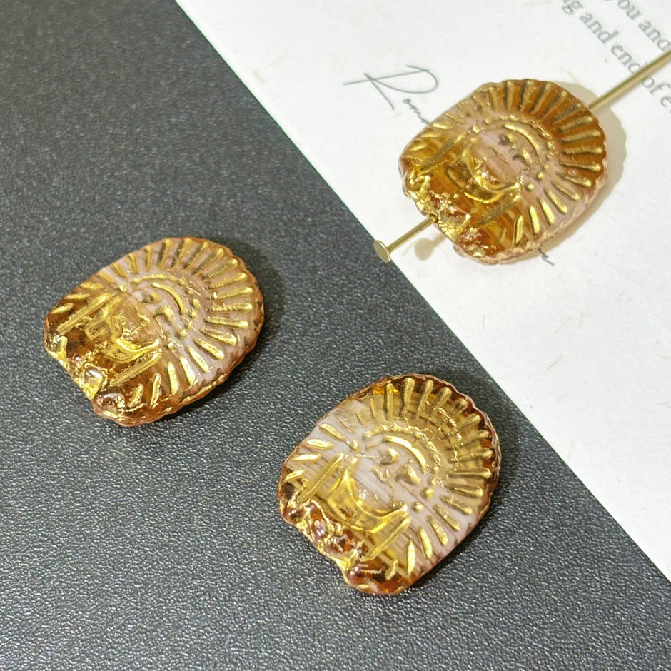 16x19mm Tribal Sunface Czech Glass Focal Beads - Antique Gold Oval Loose Beads for DIY Jewelry
