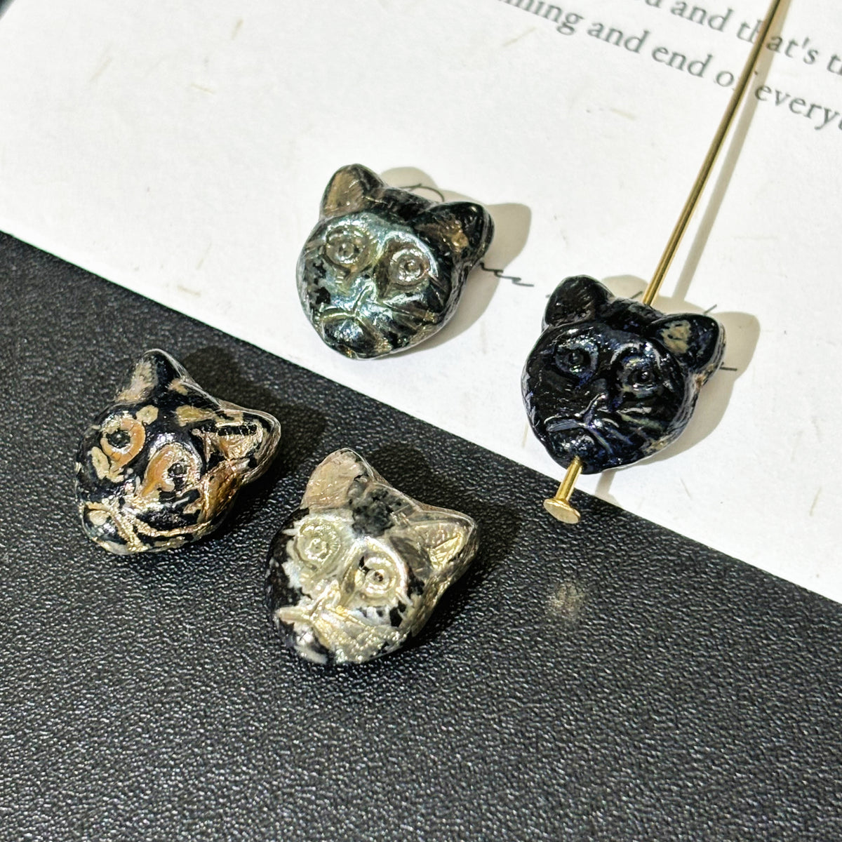 12mm Czech Glass Black Cat Head Beads 1PC - Transparent Jet Black with Gold Wash Loose Beads for DIY Jewelry