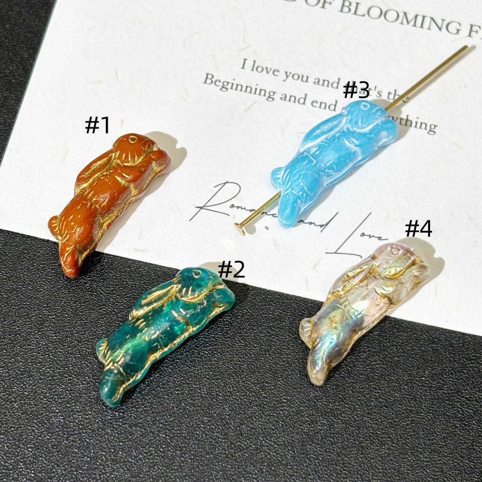 Vintage Czech Glass Running Rabbit Beads - Leaping Bunny Loose Focal Beads for DIY Jewelry