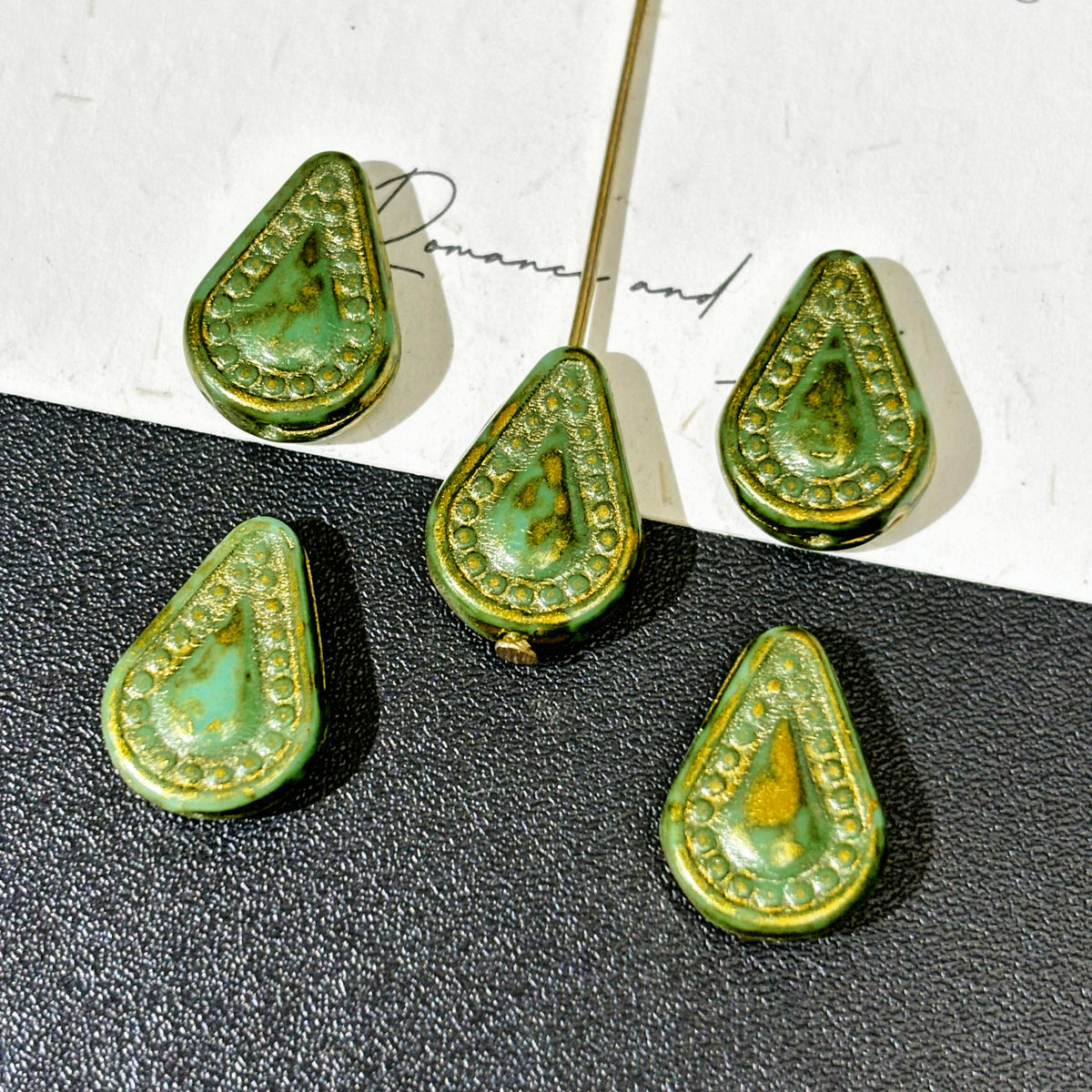 14x10mm Czech Glass Flat Teardrop Beads - Vintage Lace