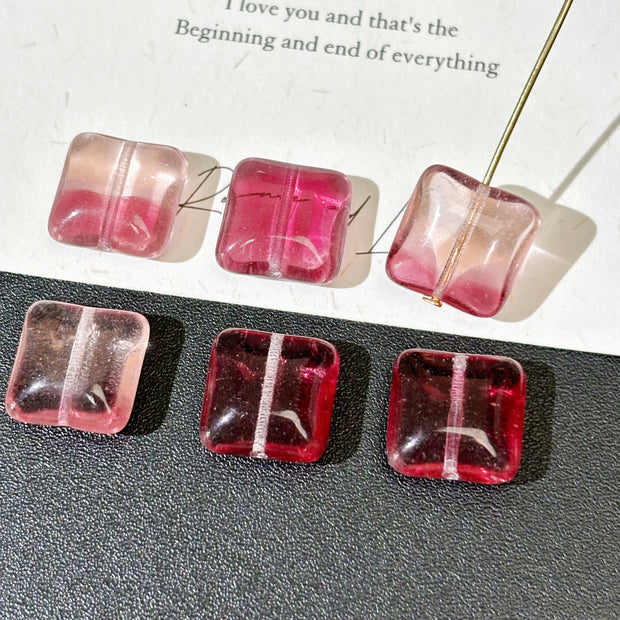 12mm Czech Glass Square Pillow Beads - Translucent Rose Pink