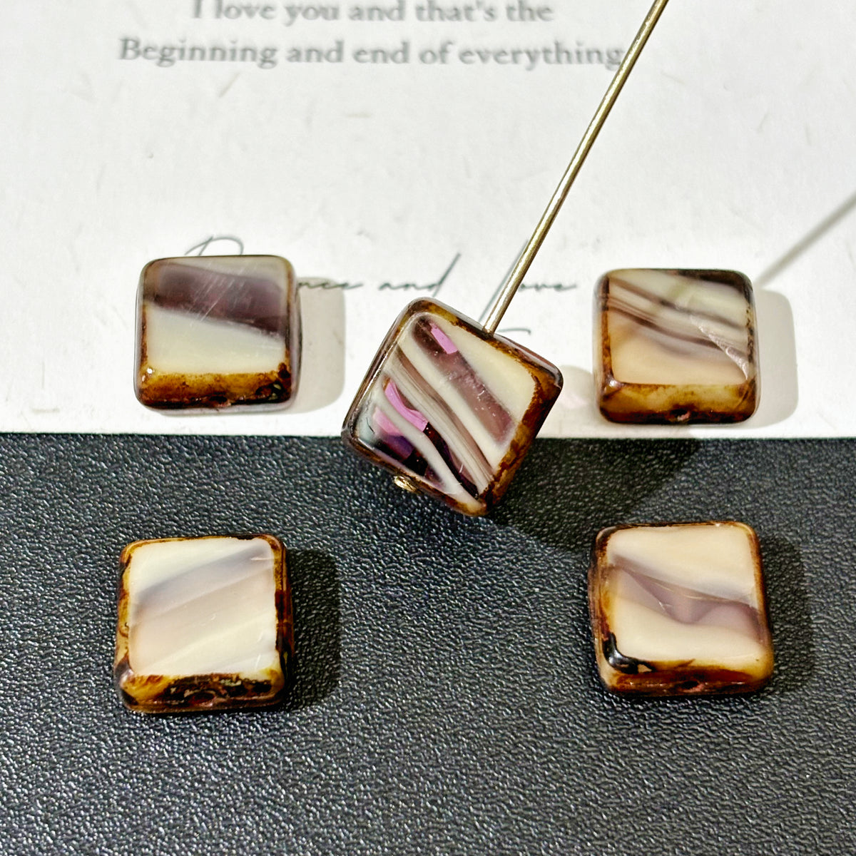 10mm Czech Glass Square Beads - Silk Chocolate Texture