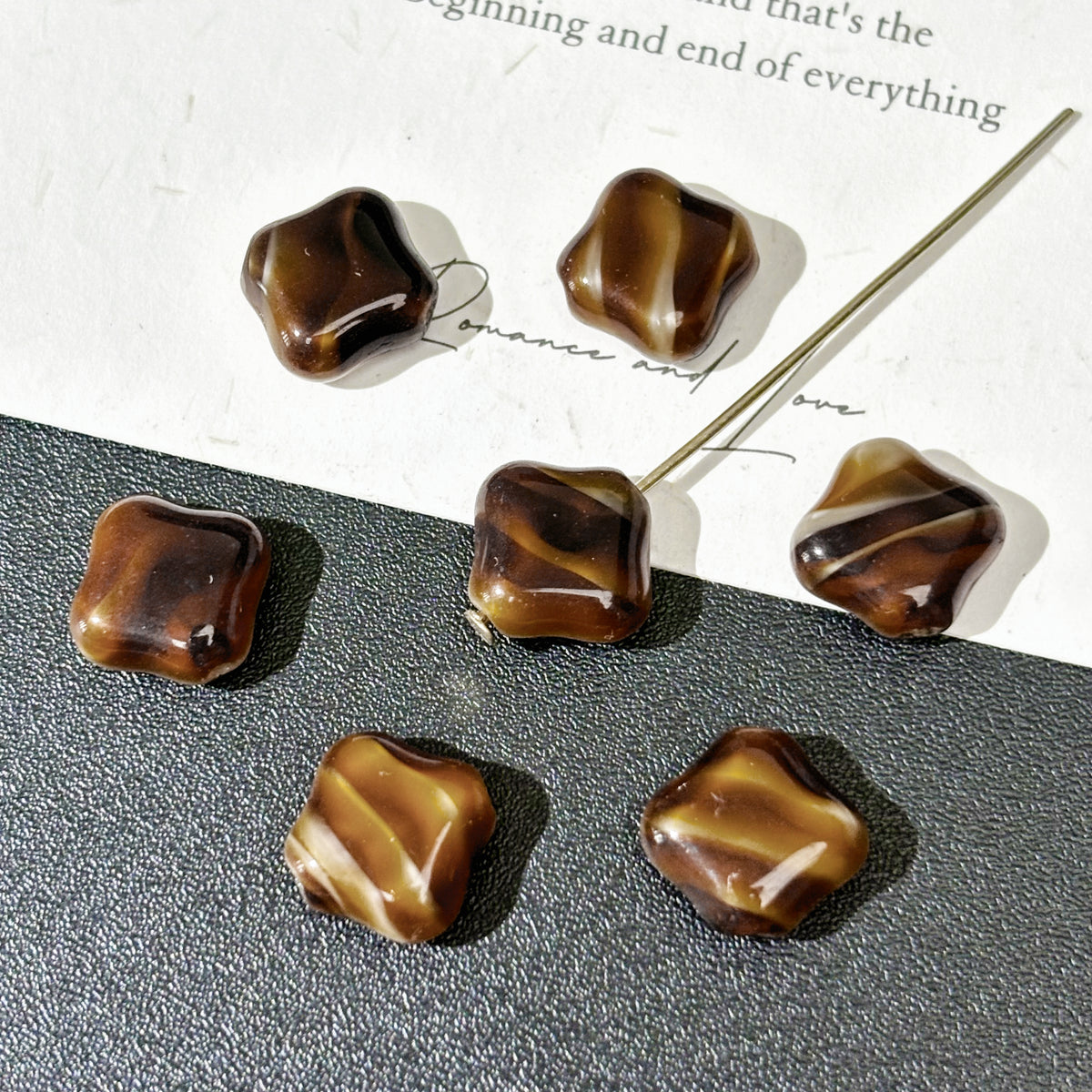 11mm Czech Glass Four-Leaf Clover Beads - Faux Tiger's Eye Pattern (Diagonal Hole)