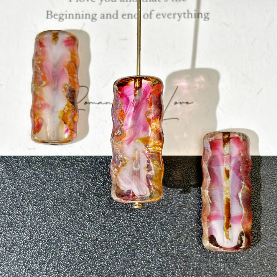 25x10mm Czech Glass Ripple Rectangle Beads - Opal Rose Pink Picasso