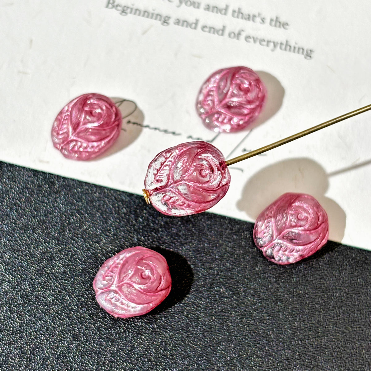 12x10mm Czech Glass Oil Painting Relief Rose Beads - Vintage Style