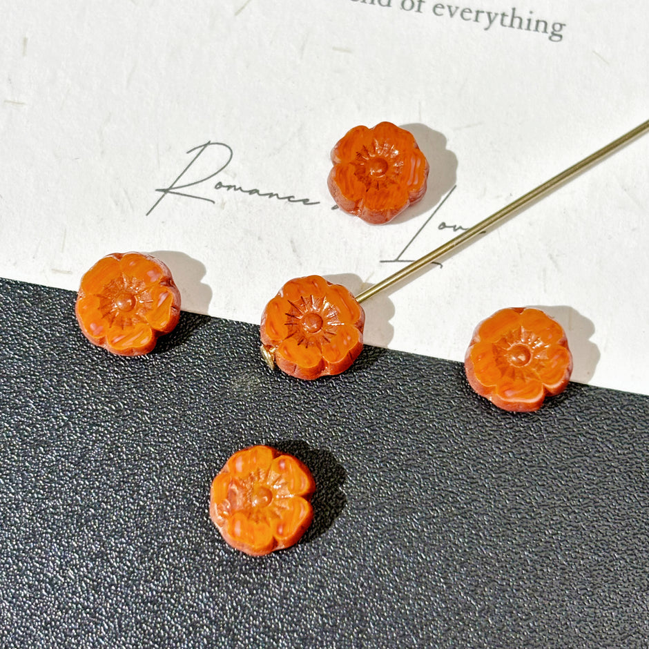 8mm Czech Glass Hawaiian Flower Faceted Beads - Opaque Orange