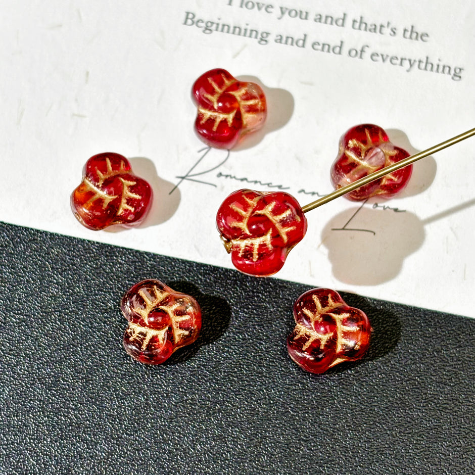 9mm Czech Glass Three-Petal Flower Beads - Translucent Red with Gold Accent