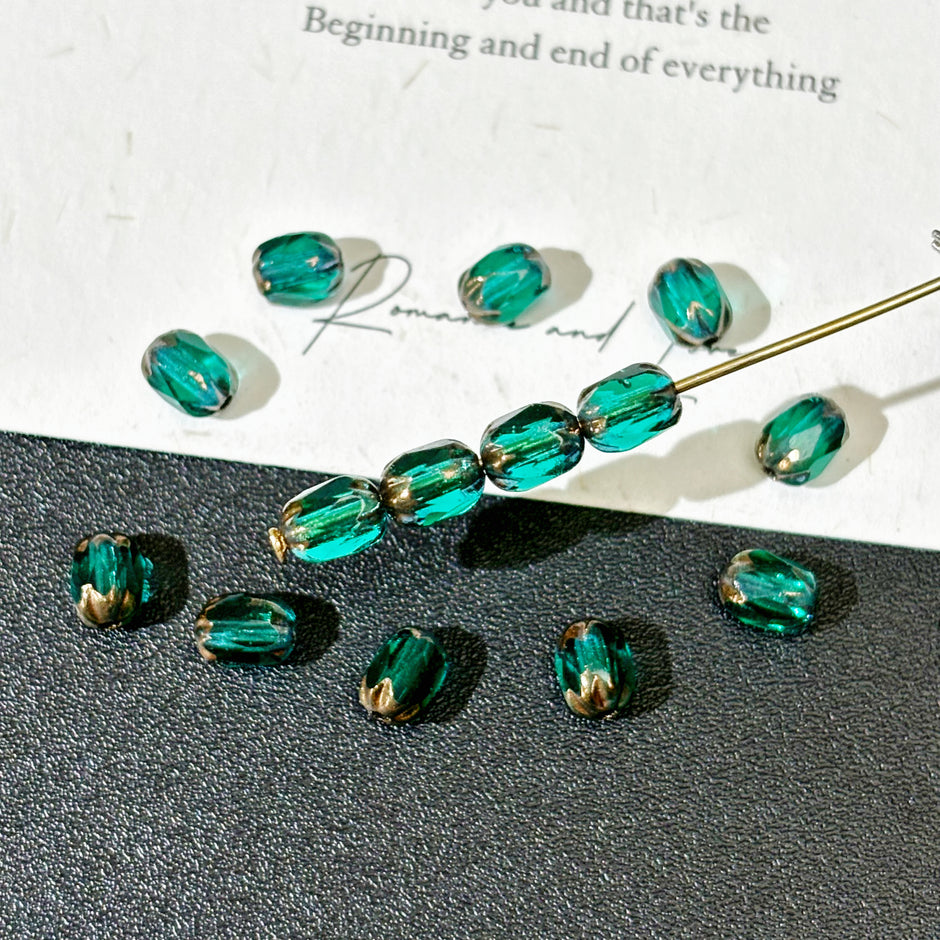 4x6mm Czech Glass Faceted Oval Beads - Vintage Translucent Peacock Blue & Antique Bronze