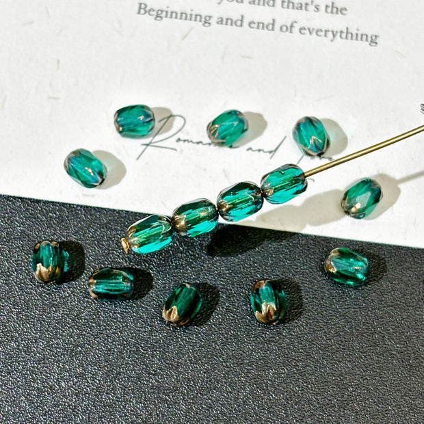 4x6mm Czech Glass Faceted Oval Beads - Vintage Translucent Peacock Blue & Antique Bronze
