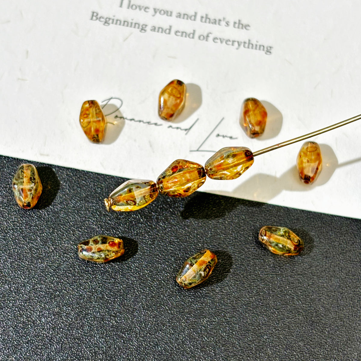 5x8mm Czech Glass Long Navette Beads - Translucent Amber Picasso
