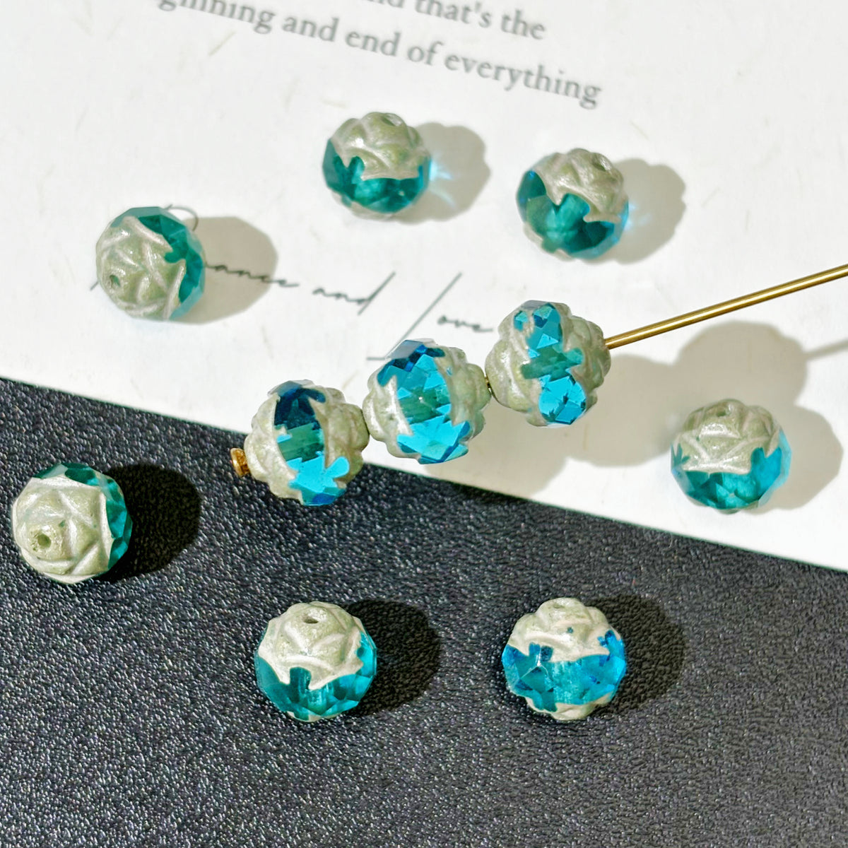 8mm Czech Glass Carved Rose Beads - Clear Gypsum White & Elsa Blue
