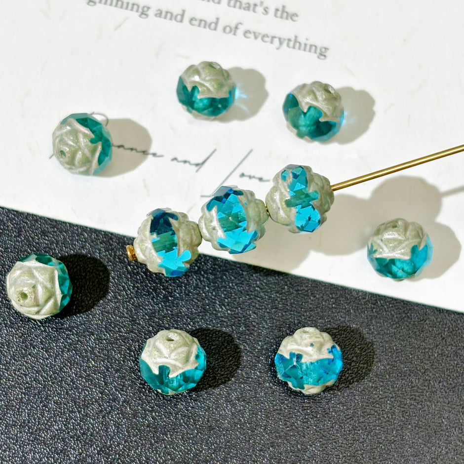 8mm Czech Glass Carved Rose Beads - Clear Gypsum White & Elsa Blue