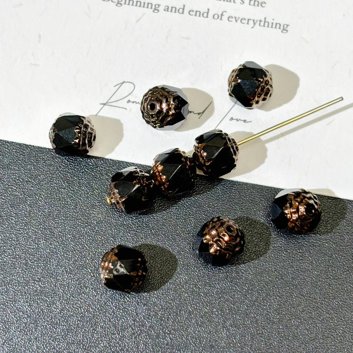 8mm Czech Glass Cathedral Beads - Metallic Black with Antique Bronze Gold