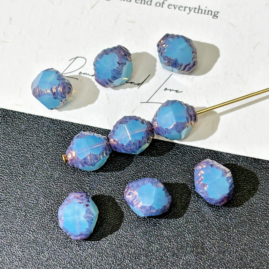 7x9mm Czech Glass Turbine Beads - Opal Blue with Purple & Gold Accents