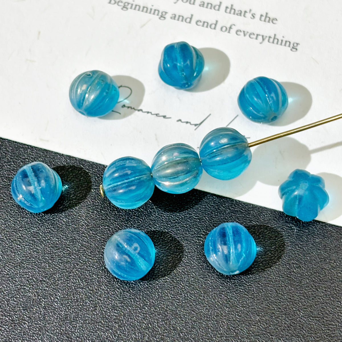 8mm Czech Glass Pumpkin Beads - Translucent Blue with AB Finish
